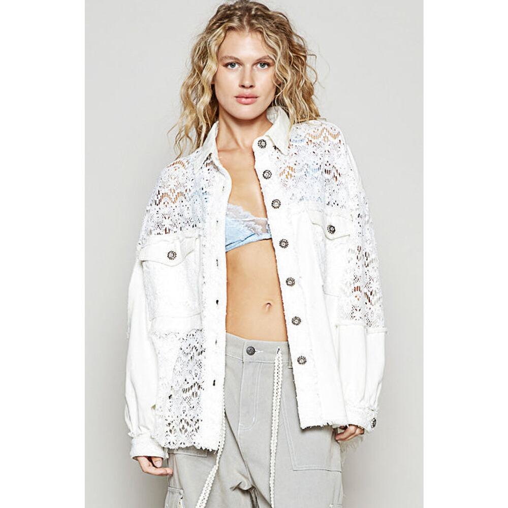 "Lace Rodeo" Lace and Twill Button Up Shirt Shacket